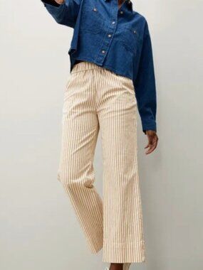 EVERLANE Organic Cotton Stripe Pull on Cream Tan Elastic Waist Casual Pants 4/M